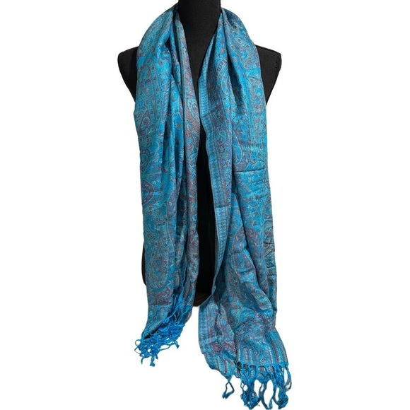Elegant Shawl in Turquoise Blue Paisley - Versatile Wrap, Scarf, Veil Soft Rayon - Picture 8 of 16